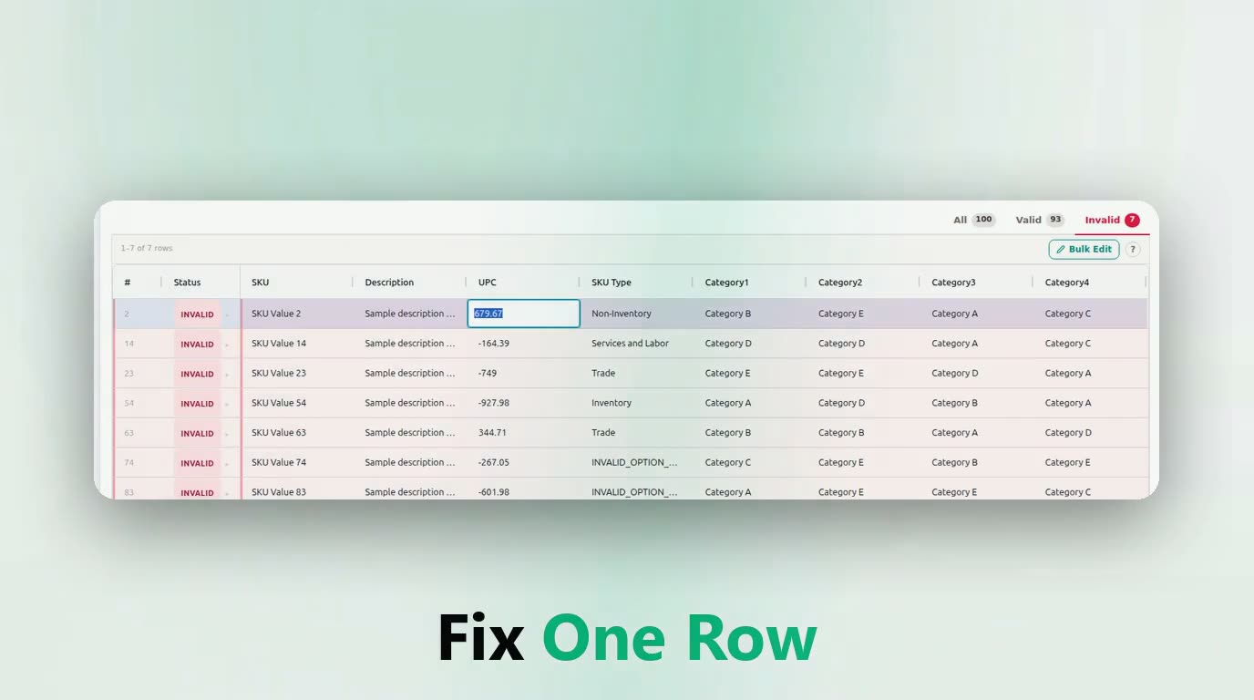 The MassImporter review widget embedded in a Mendix application, showing a grid of rows with validation errors highlighted